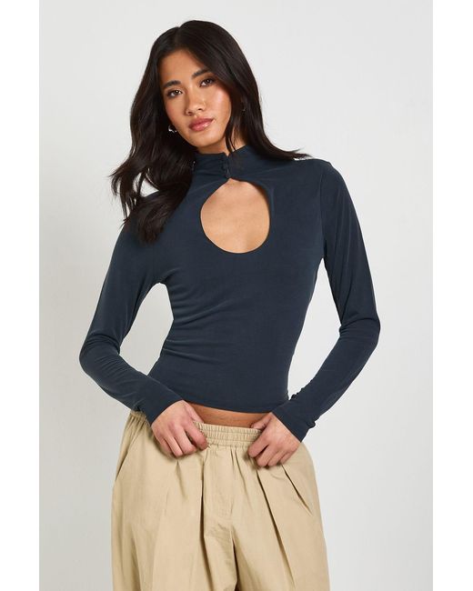 Boohoo Blue Cupro Key Hole Button Detail Long Sleeve Top