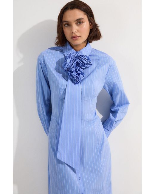 Karen Millen Blue Petite Stripe Cotton Rosette Woven Shirt Maxi Dress