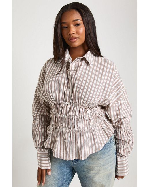 Boohoo Natural Plus Pinstripe Poplin Shirred Waist Shirt