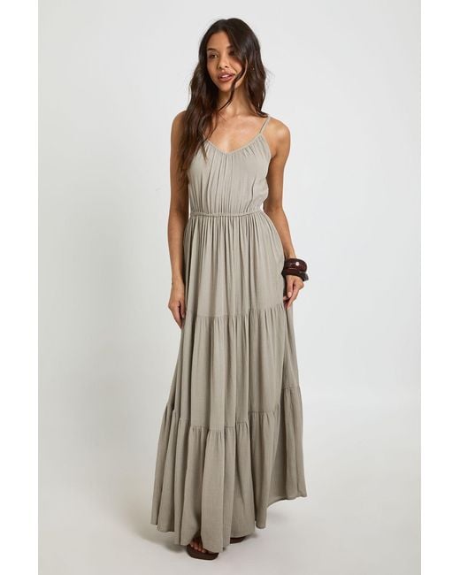 Boohoo Natural Cheesecloth Tiered Beach Maxi Dress