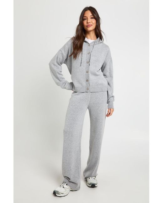 Boohoo Gray Knitted Oversized Button Through Hoody And Wide Leg Trouser