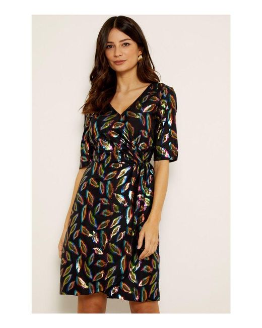 Sosandar Black Metallic Feather Print Wrap Front Dress