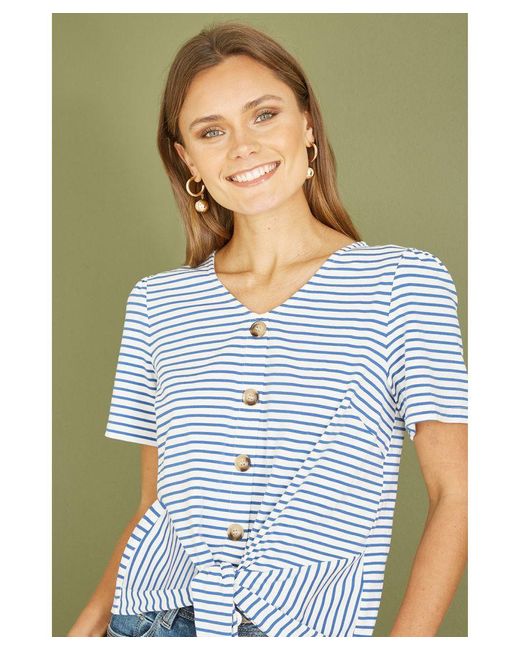Yumi' Blue Striped Jersey Button Detail Top Cotton
