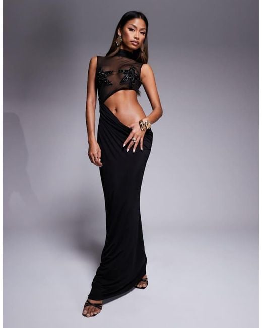 ASOS Black Sheer Embellished Star Bust Detail Maxi Dress With Draped Skirt