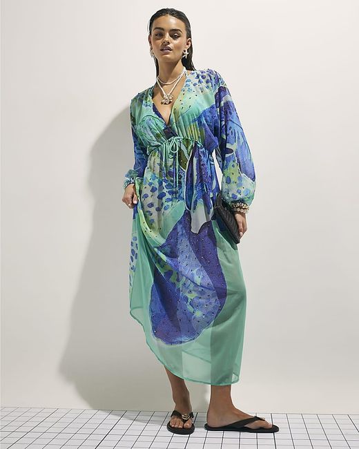 River Island Blue Maxi Beach Tunic Dress Floral Print V-Neck