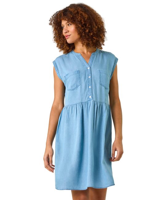 Roman Blue Button Detail Gathered Dress