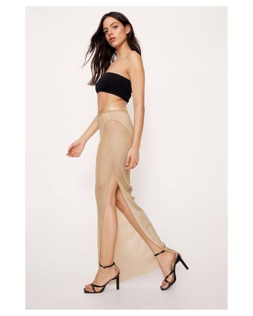 Nasty Gal Diamante Mesh Maxi Split Skirt in Natural Lyst UK
