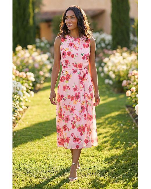 Roman Red Floral Pleated Chiffon Midi Dress