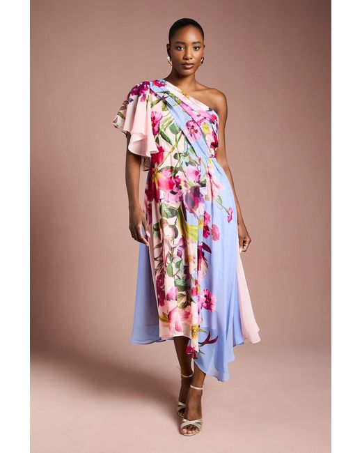 Coast Blue One Shoulder Floral Printed Chiffon Dress