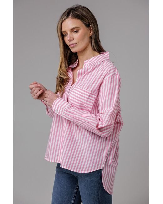 French Connection Pink Cotton Relaxed-Fit Long Sleeve Striped Popover High-Low Hem Shirt