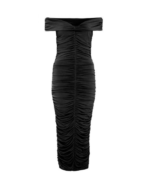 Quiz Black Bardot Ruched Midi Dress