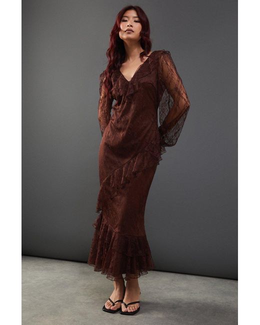 Warehouse Brown Lace V Neck Ruffle Midi Dress