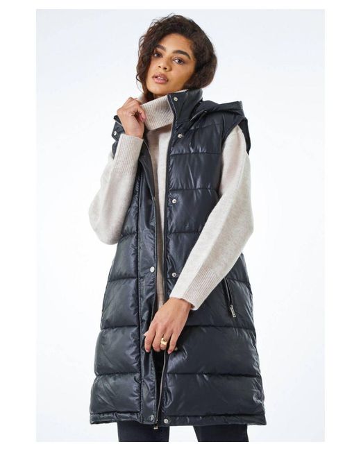 Roman Blue Faux Leather Longline Quilted Gilet