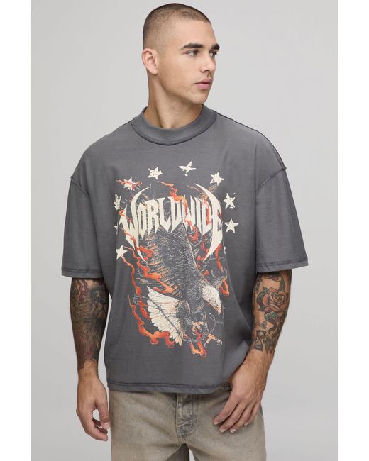 BoohooMAN Gray Oversized Boxy Exposed Seam Eagle Print T-Shirt Cotton for men