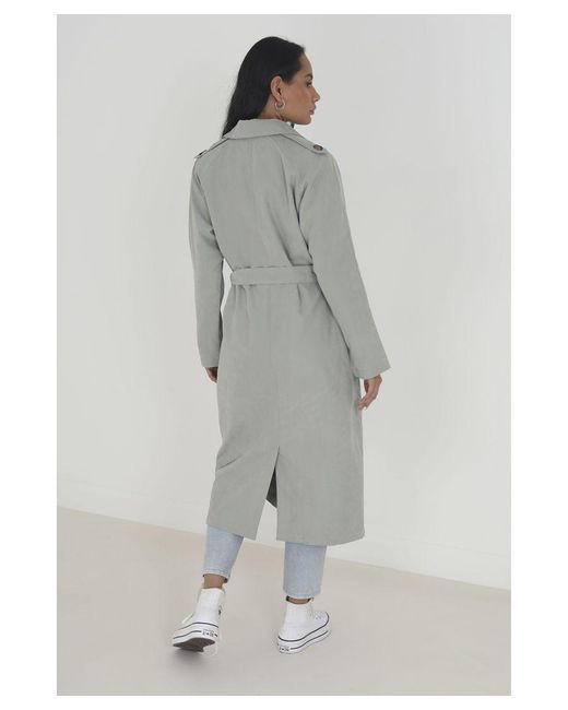 Brave Soul Gray Pale Double-Breasted Longline Trench Coat With Raglan Sleeves