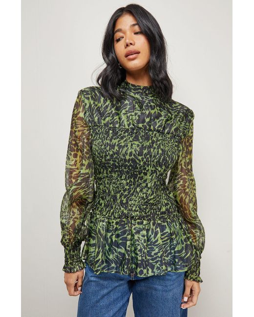 Warehouse Green Animal Organza Shirring Blouson Sleeve Shirt