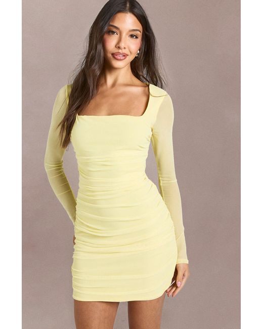 Boohoo Yellow Square Neck Ruched Mesh Bodycon Dress