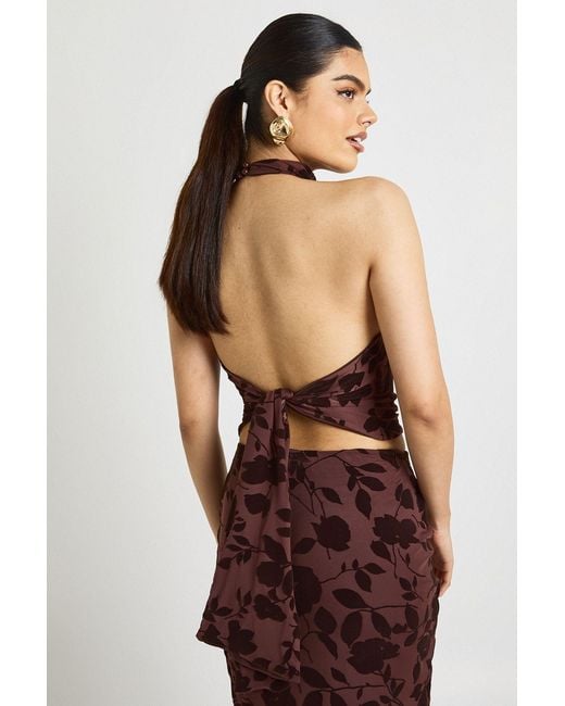 Boohoo Brown Floral Devoure Cowl Halterneck Top