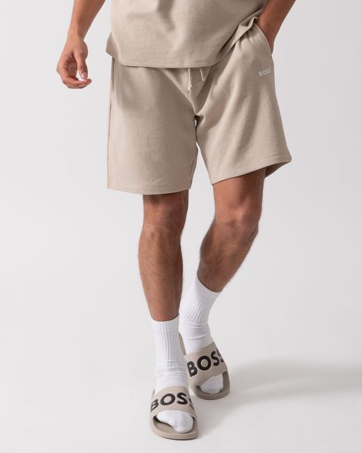 Boss Natural Waffle Cotton Blend Waffle Structure Pyjama Shorts With Embroidered Logo for men