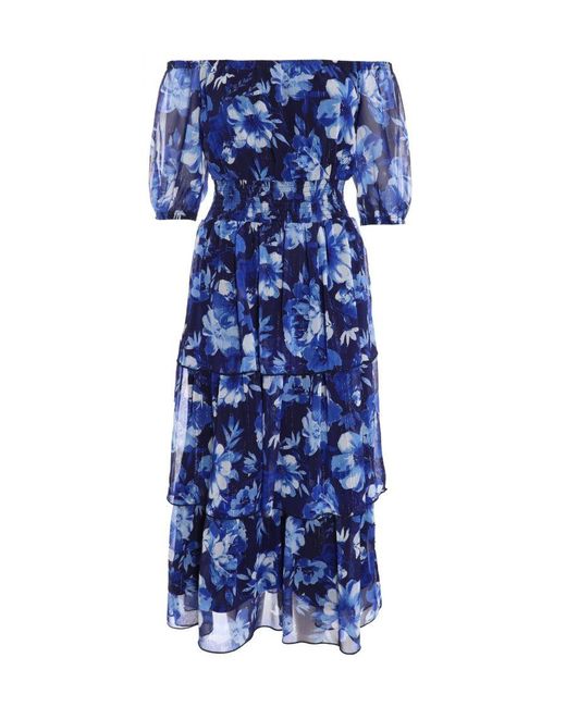 Quiz Blue Chiffon Floral Bardot Midi Dress