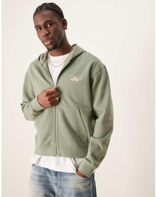 ASOS Green Boxy Zip Through Hoodie With Chest And Back Print for men