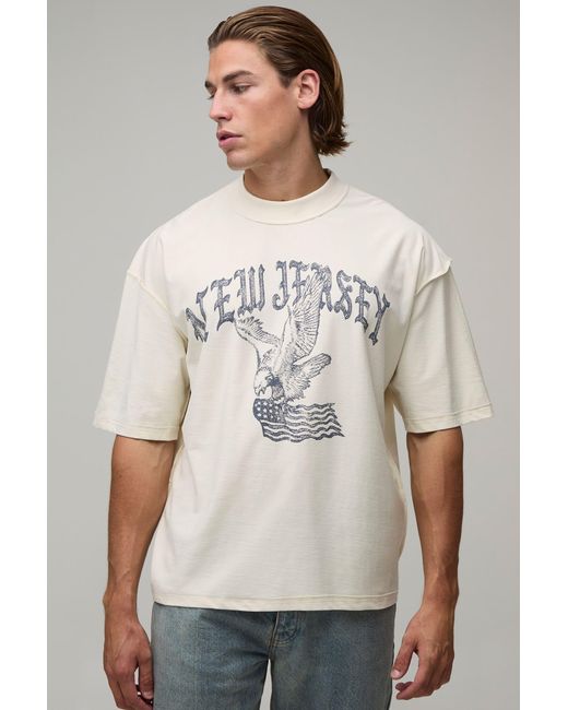 BoohooMAN Natural Oversized Boxy Exposed Seam New Jersey Print T-Shirt Cotton for men