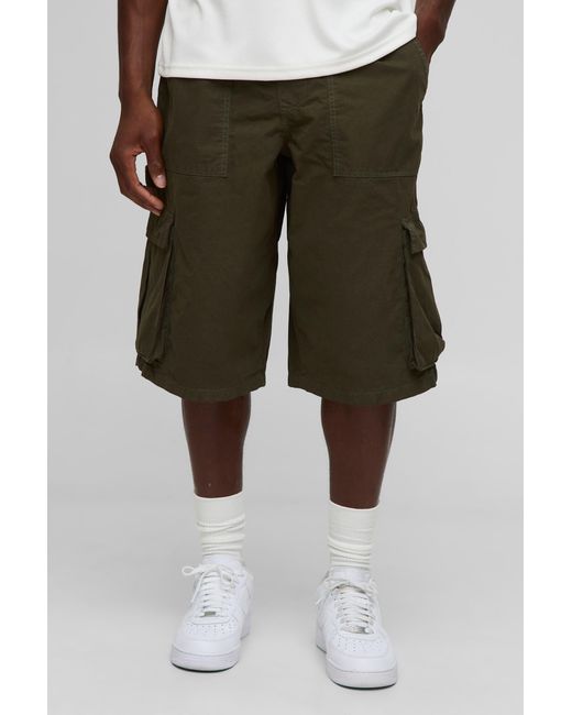 BoohooMAN Green Elasticated Waist Long Line Baggy Carpenter Cargo Shorts for men