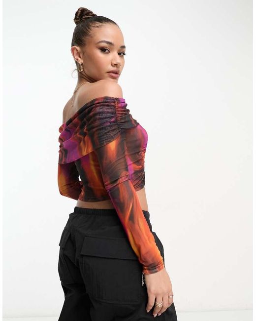 ASOS Red Off Shoulder Bardot Mesh Top