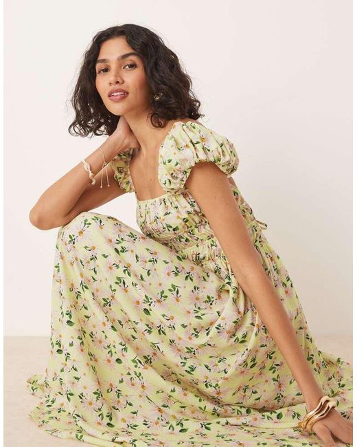 ASOS Natural Square Neck Midi Dress With Cinched Channel Waist