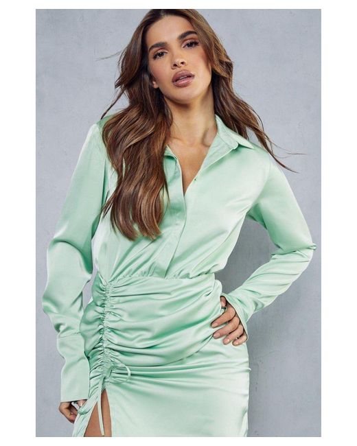 MissPap Green Satin Ruched Side Shirt Dress
