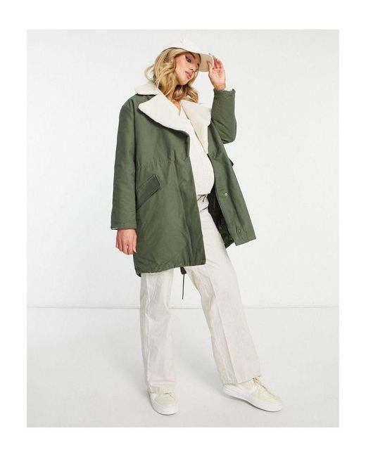 ASOS Green Design Quilt Lined Parka Coat With Borg Collar