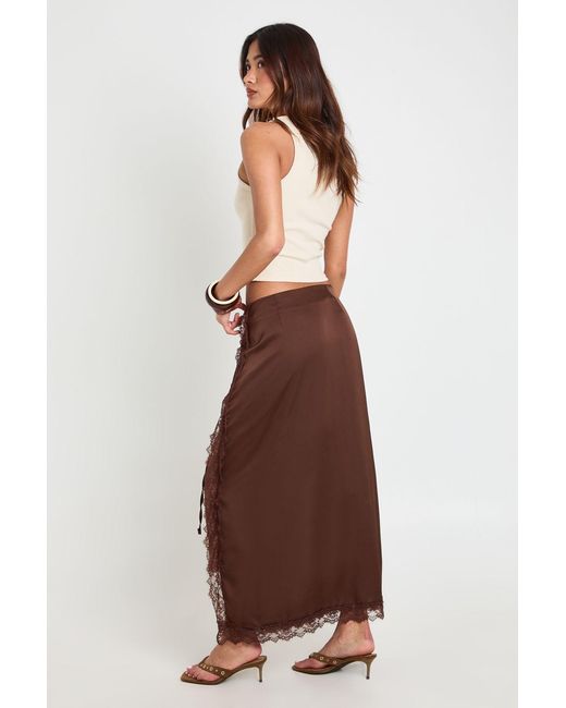 Boohoo Brown Satin Lace Trim Wrap Midaxi Skirt