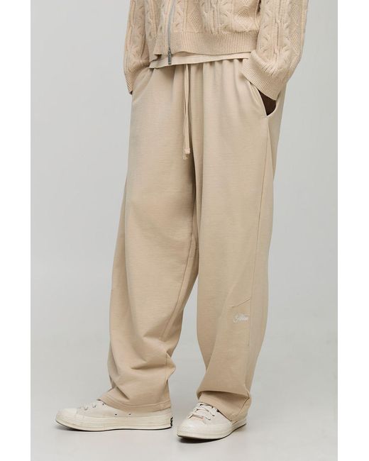 BoohooMAN Natural Balloon Fit Loopback Script Embroidered Joggers for men