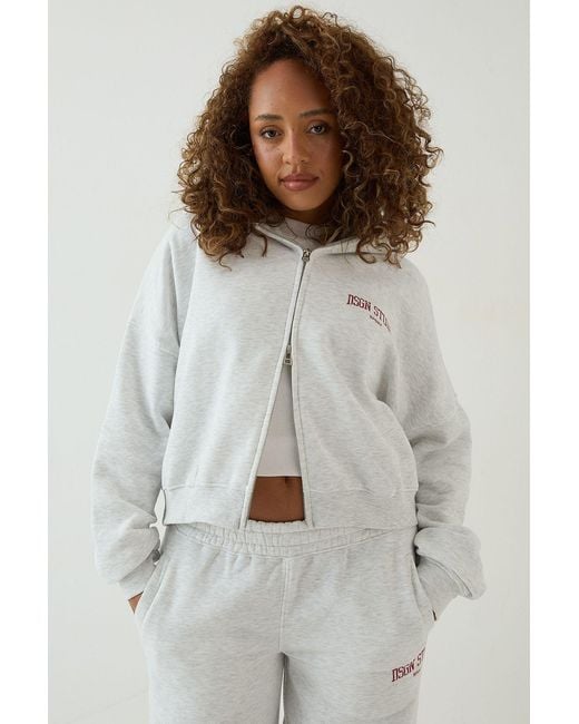 DSGN Studio Gray Collegiate Printed Zip Through Boxy Hoodie