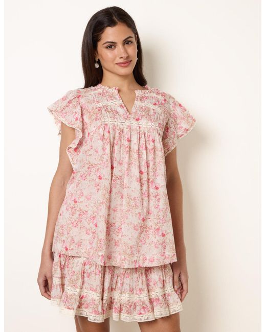 Blue Vanilla Pink Ditsy Floral Cotton Ruffle Sleeve Top
