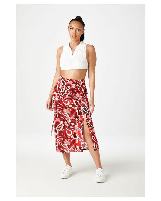 Urban Bliss Red Cheyenne Ruched & Tie Midi Skirt