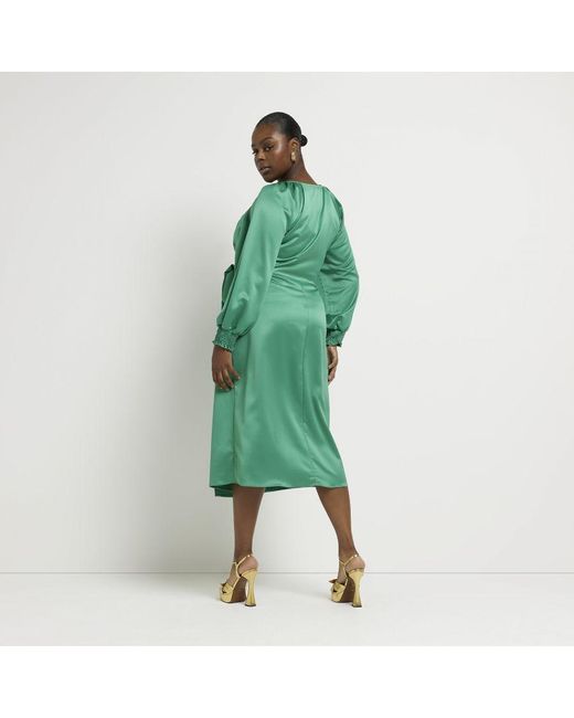 River Island Green Wrap Midi Dress Plus Long Sleeve