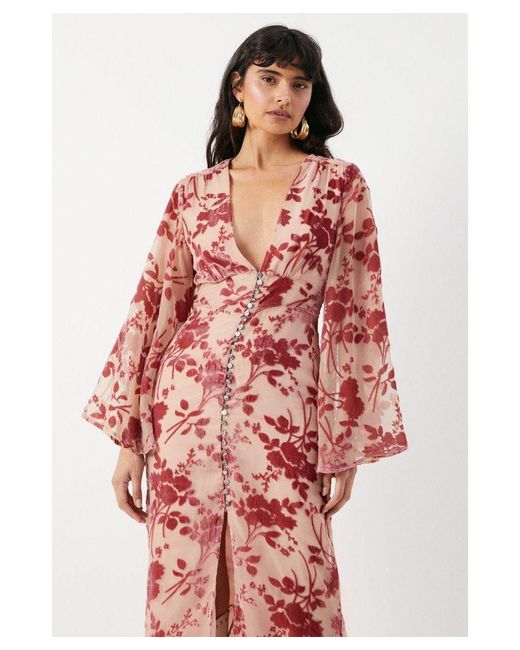 Warehouse Devore Plunge Neck Flared Sleeve Button Through Midi Dress