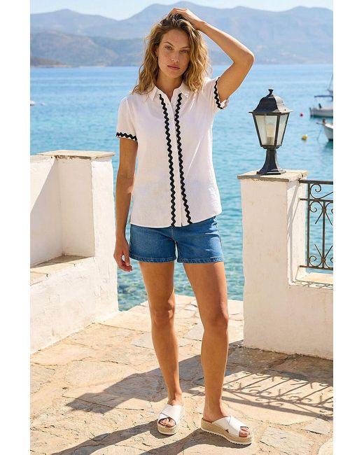 Roman White Linen Mix Ric Rac Trim Button Shirt