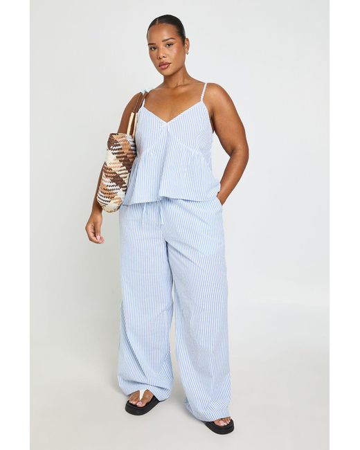 Boohoo Blue Plus Gingham Bow Detail Strappy Cami And Wide Leg Trouser Co Ord
