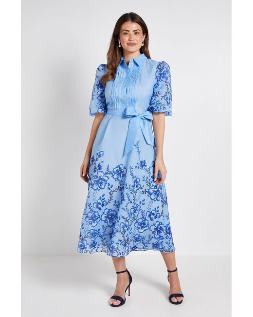 Wallis Blue Floral Organza Pintuck Midi Shirt Dress