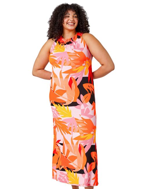 Roman Curve Orange Tropical Stretch Jersey Maxi Dress