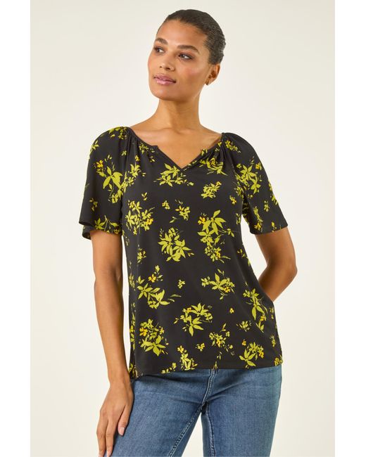 Roman Green Floral Print Gathered Stretch Top