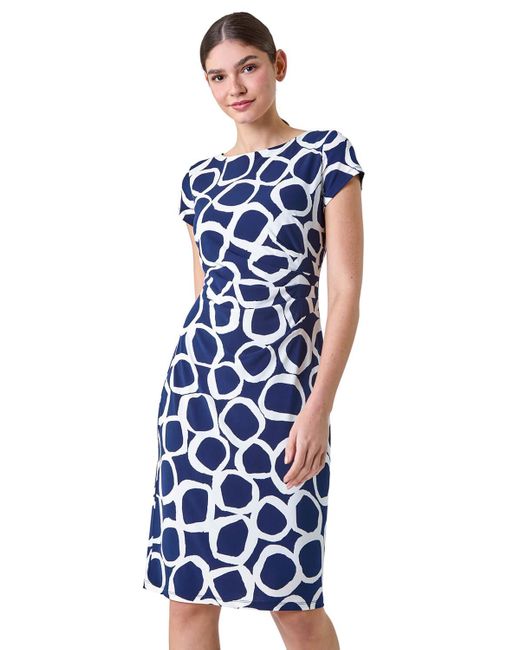 Roman Blue Ring Print Gathered Stretch Bodycon Dress