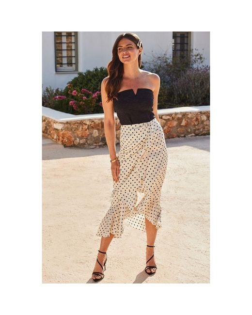 Sosandar White Petite Spot Print Satin Ruffle Hem Midi Skirt