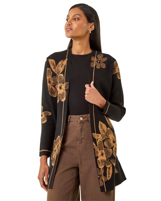 Roman Brown Contrast Floral Print Cardigan