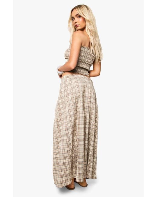 Boohoo Natural Check Pleated Split Midi Skirt
