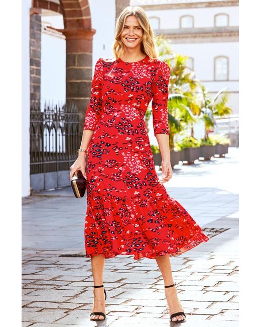 Sosandar Red Print Ruffle Hem Fit & Flare Midi Dress