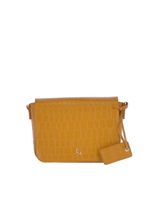 Ashwood Leather Orange 'Intenso Gialo' Croc-Embossed Crossbody Bag