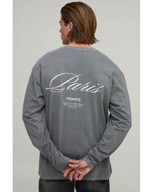 BoohooMAN Gray Washed Oversized Paris Print Long Sleeve T-Shirt for men
